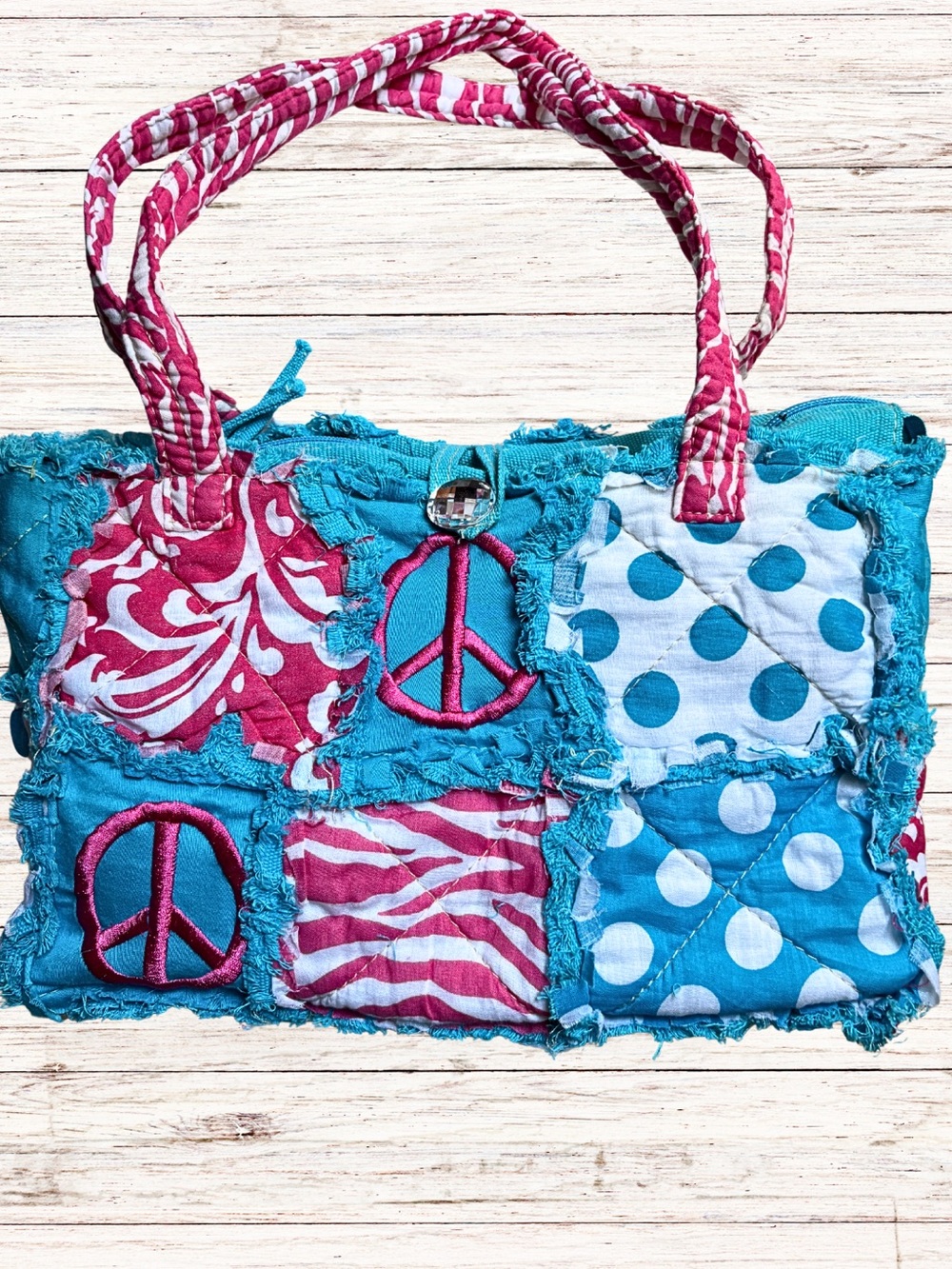 HANDCRAFTED FESTIVAL BAG Quilted Patchwork Shoulder Purse Peace Sign Y2K Hippie - Picture 8 of 10
